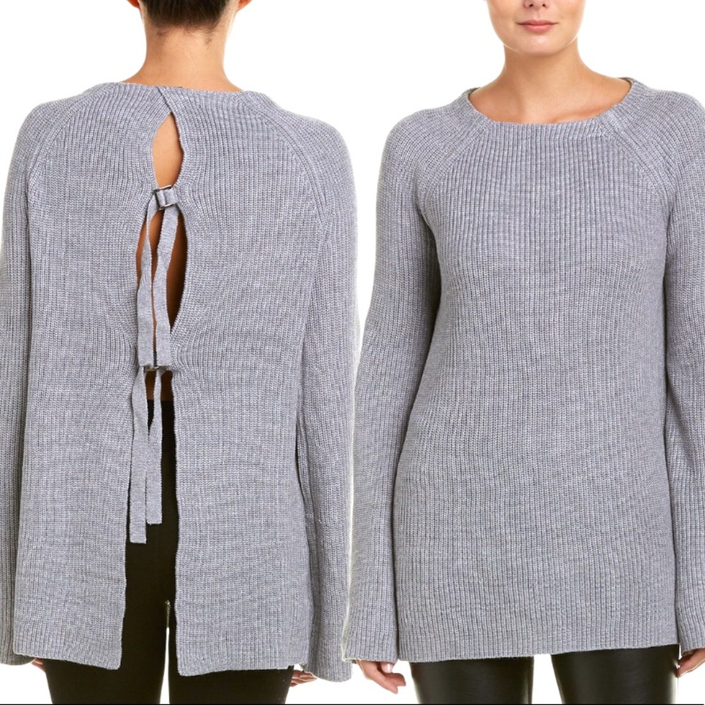 Charcoal Open Back Knit Sweater with Raglan Bell Sleeves